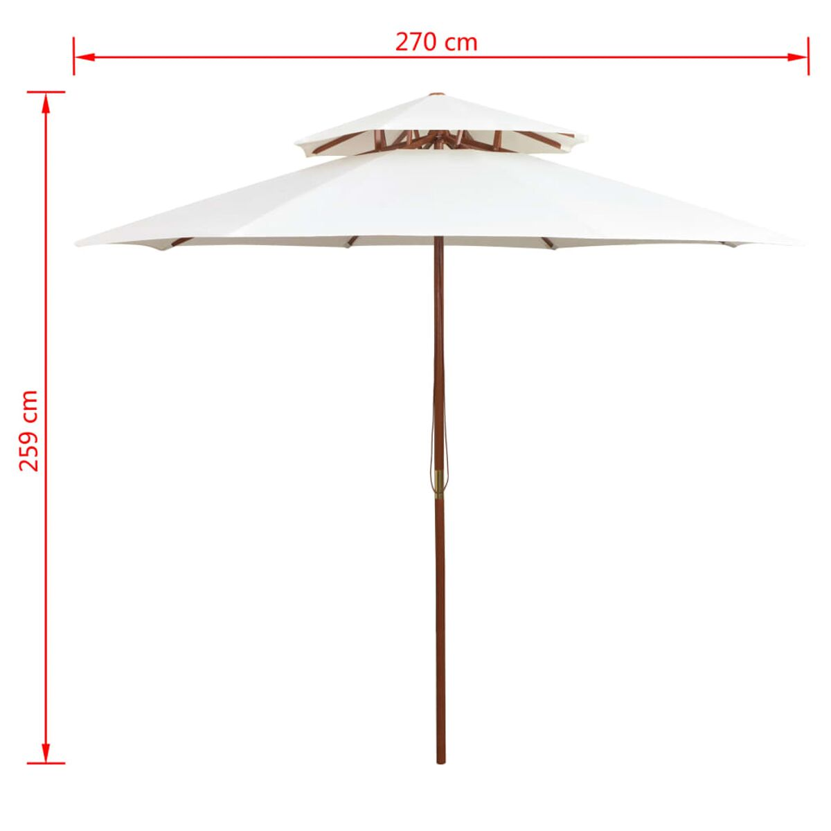 Ein weißer Sonnenschirm im Freien ist geöffnet. Er hat ein zweistufiges Verdeck und eine Holzstange. Abmessungen sind angegeben.