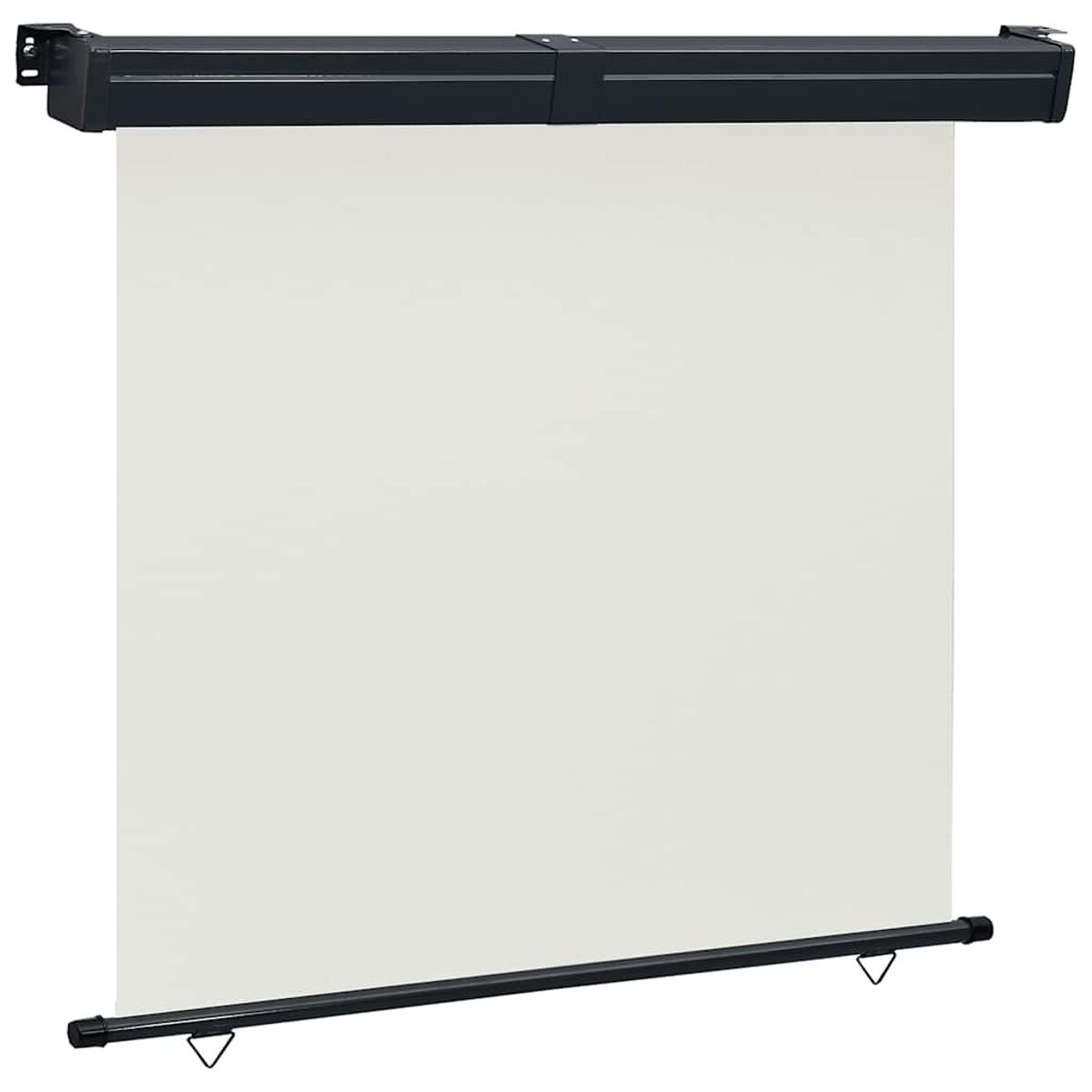 Eine weiße Projektionsleinwand mit schwarzem Rand und Gehäuse.