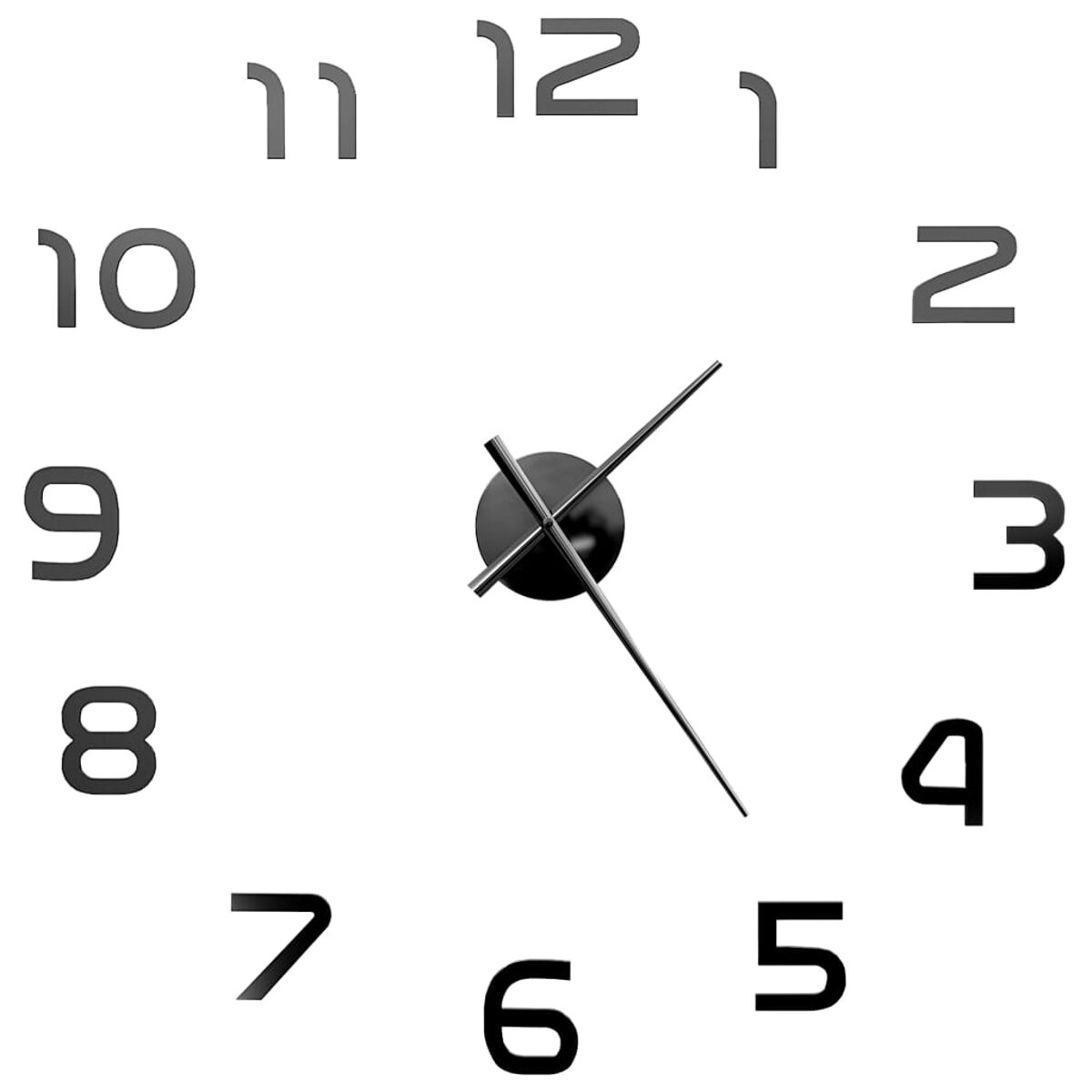 Eine minimalistische Wanduhr mit schwarzen Zahlen und Zeigern. Die Zeiger zeigen etwa 2:25 Uhr.