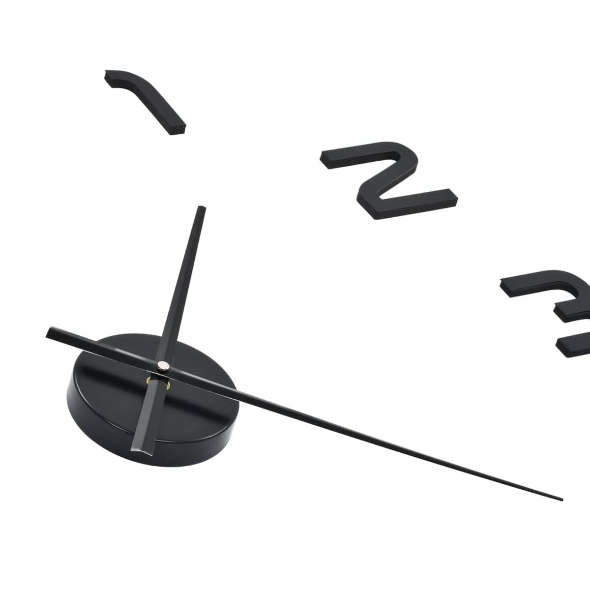 Nahaufnahme einer modernen Uhr mit schwarzen Zeigern, der Zahl 2 und dem Mittelpunkt der Uhr.