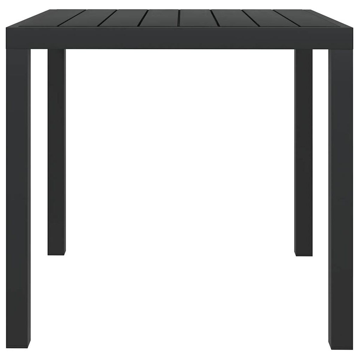 Ein schwarzer quadratischer Tisch mit Lattenoberfläche und vier Beinen. Schlichtes, modernes Design.