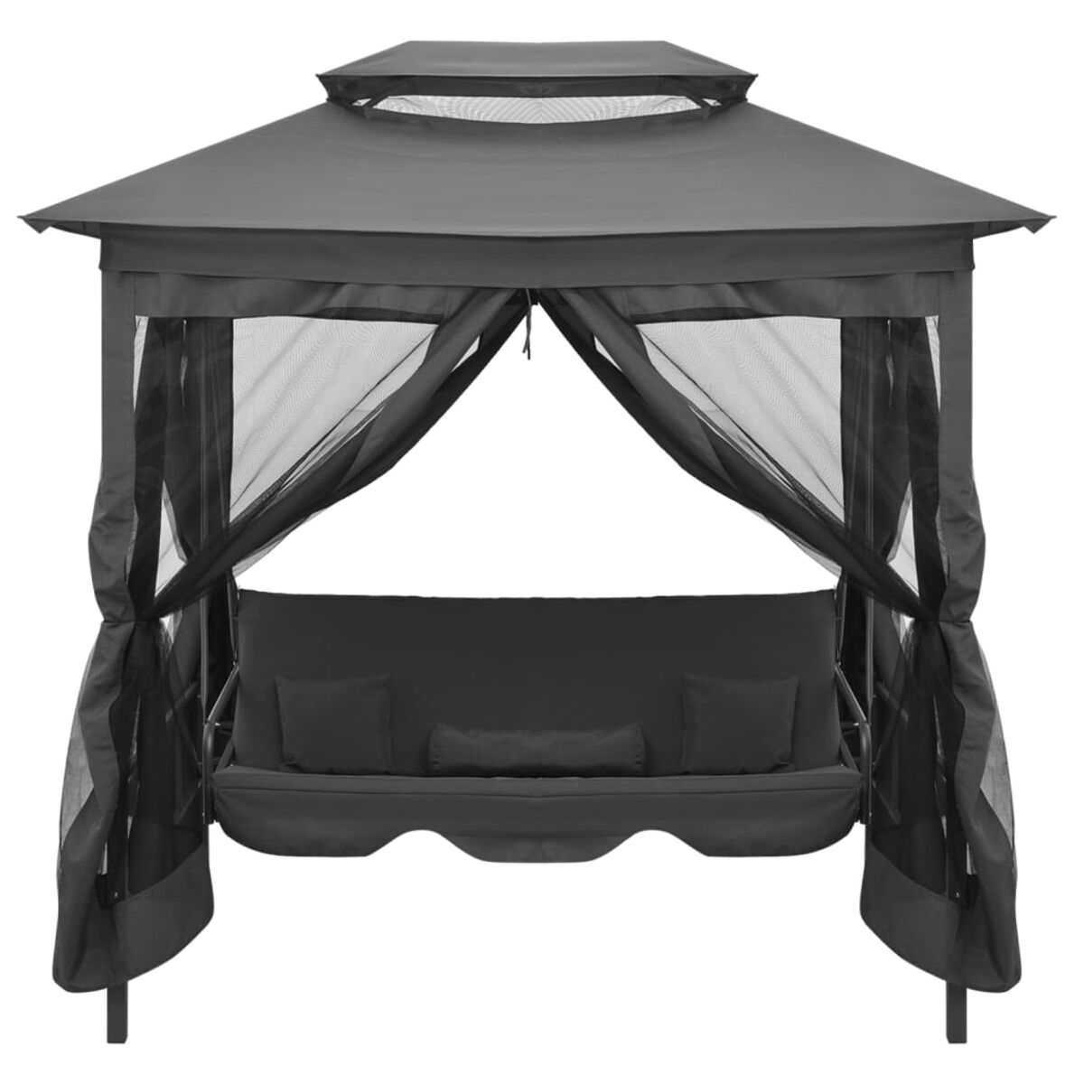 Ein dunkelgrauer Pavillon mit schwarzen Vorhängen und einer Schaukel. Die Szene ist im Freien mit Schatten.