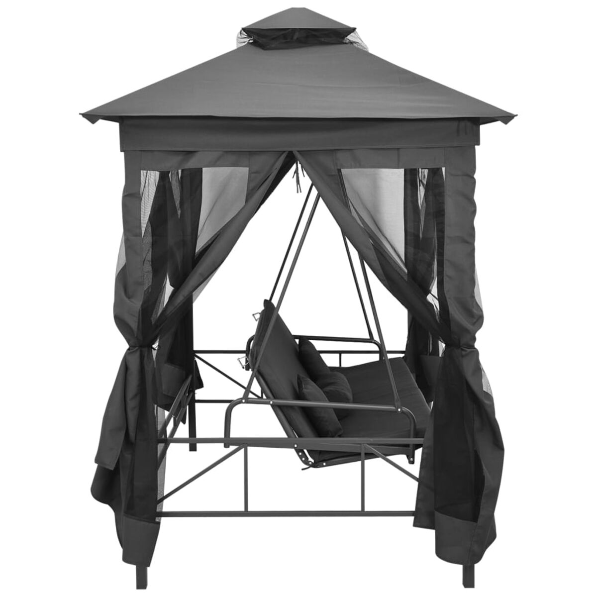 Grauer Schaukelstuhl unter einem grauen Baldachin. Der Pavillon hat schwarze Netzvorhänge.