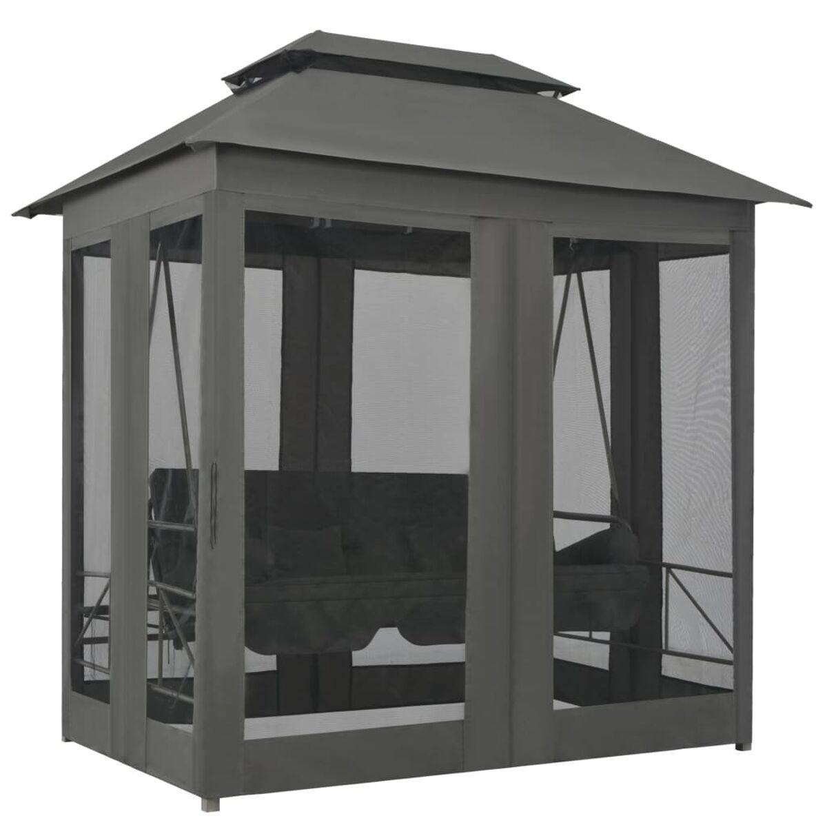 Grauer Pavillon mit Schaukel. Er hat ein Spitzdach und Netzwände, mit einer Schaukelbank innen.