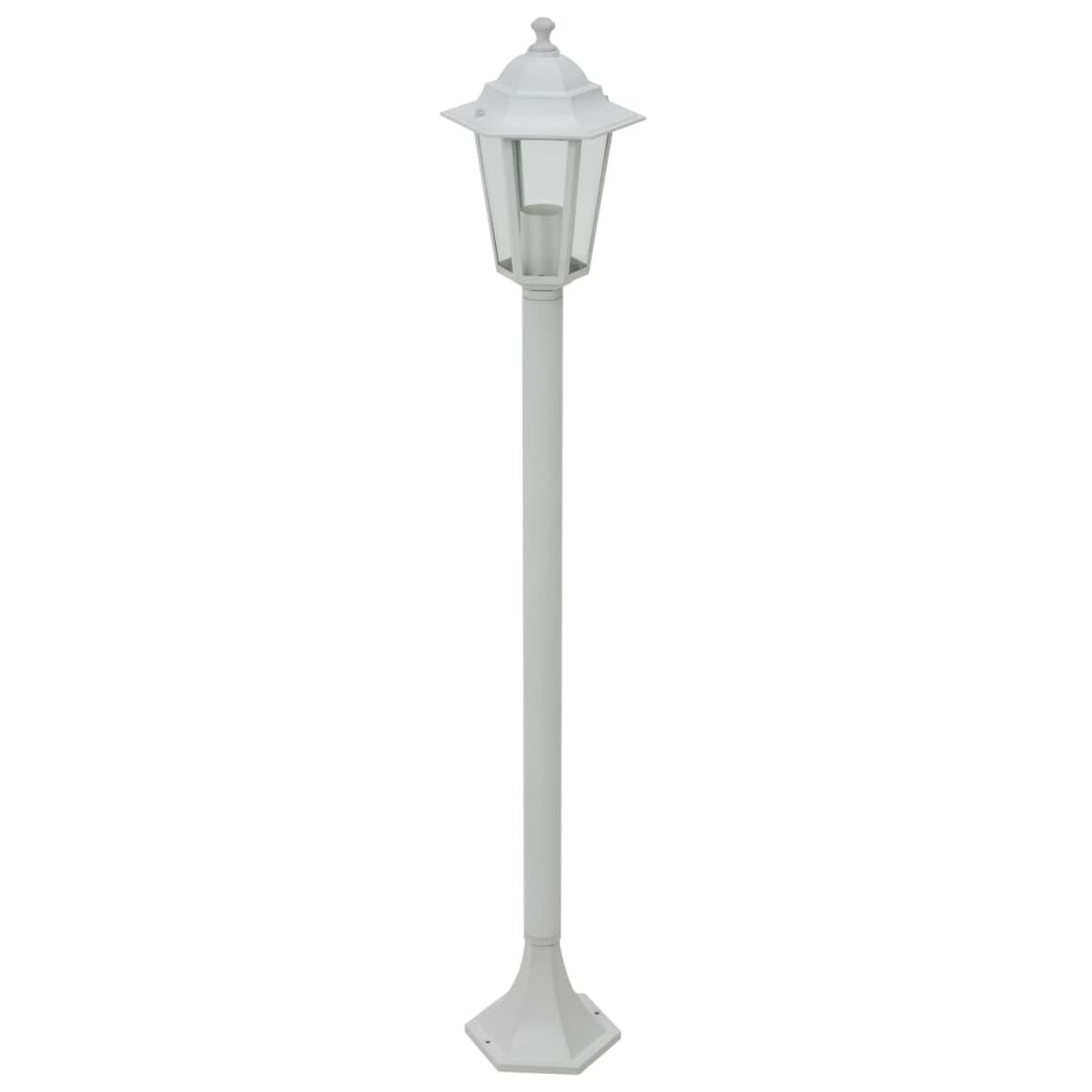 Weiße Außen-Laternenpfahl. Die Lampe hat einen sechseckigen Sockel und eine glaseingeschlossene Glühbirne.