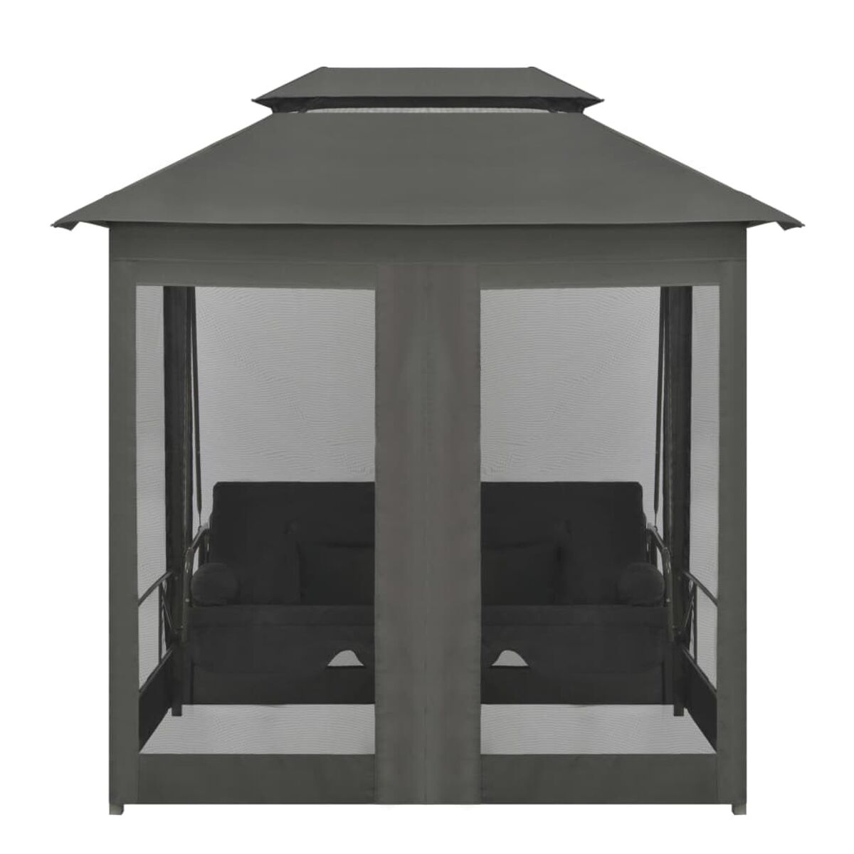 Dunkelgrauer Pavillon mit Gittern an den Seiten und einem dunkelgrauen Dach. Schwarzes Sofa im Inneren sichtbar.