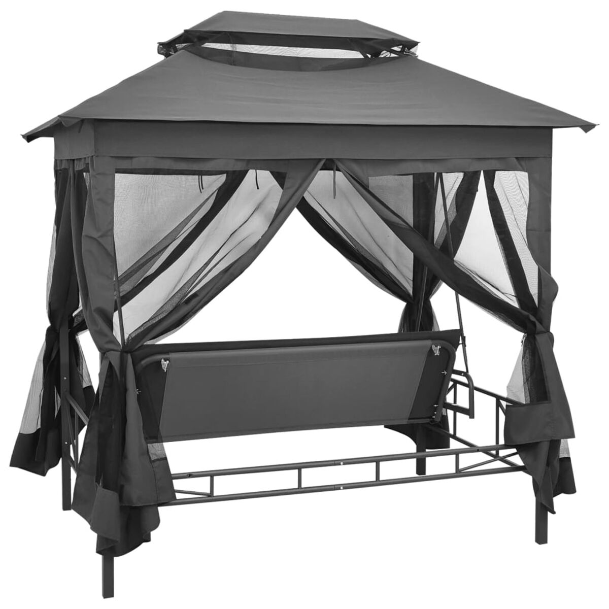 Schwarze Pavillon-Schaukel mit Baldachin und Netzvorhängen, auf schwarzem Rahmen vor weißem Hintergrund.