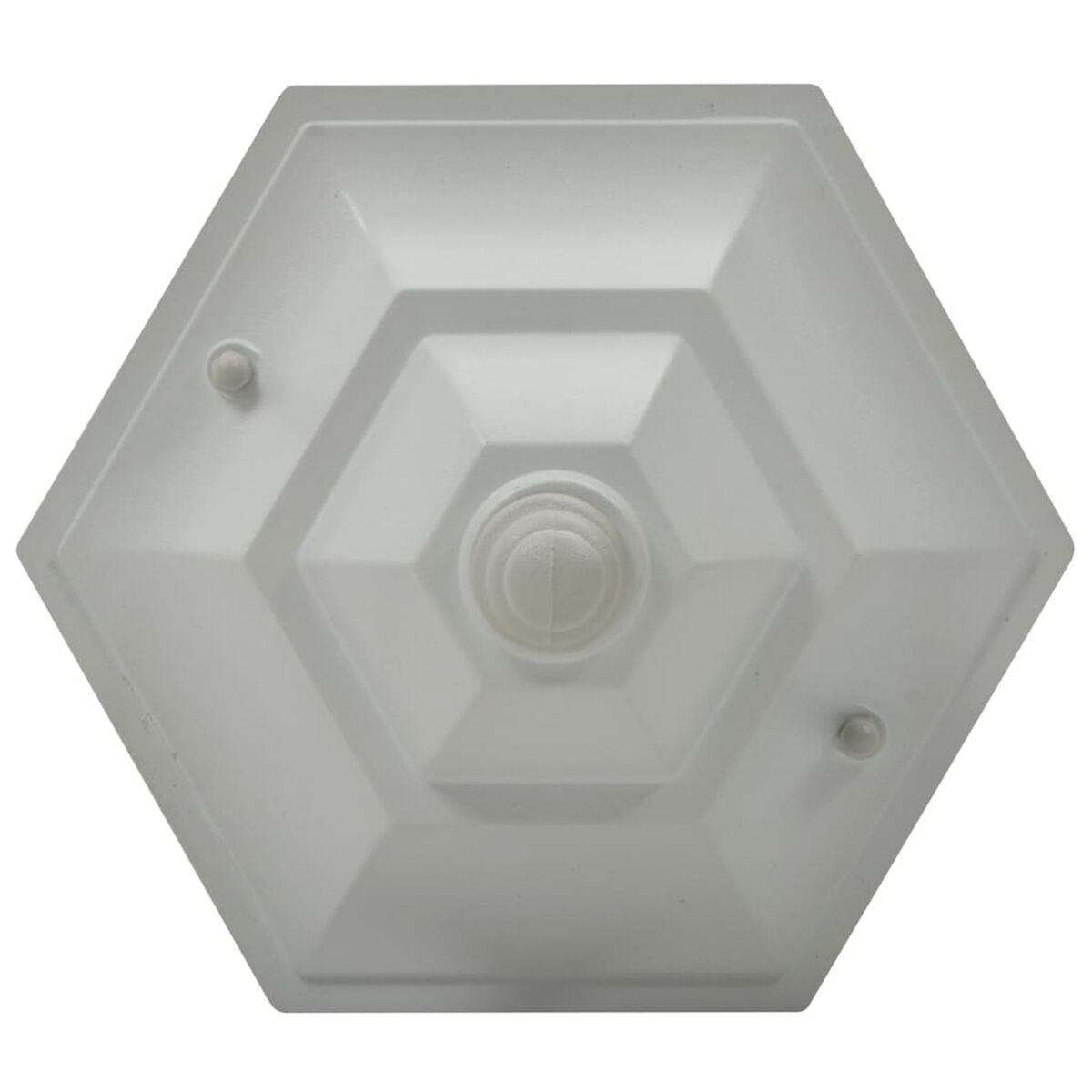 Weiße Deckenleuchte. Geometrische Sechseckform, zwei kleine Knöpfe.