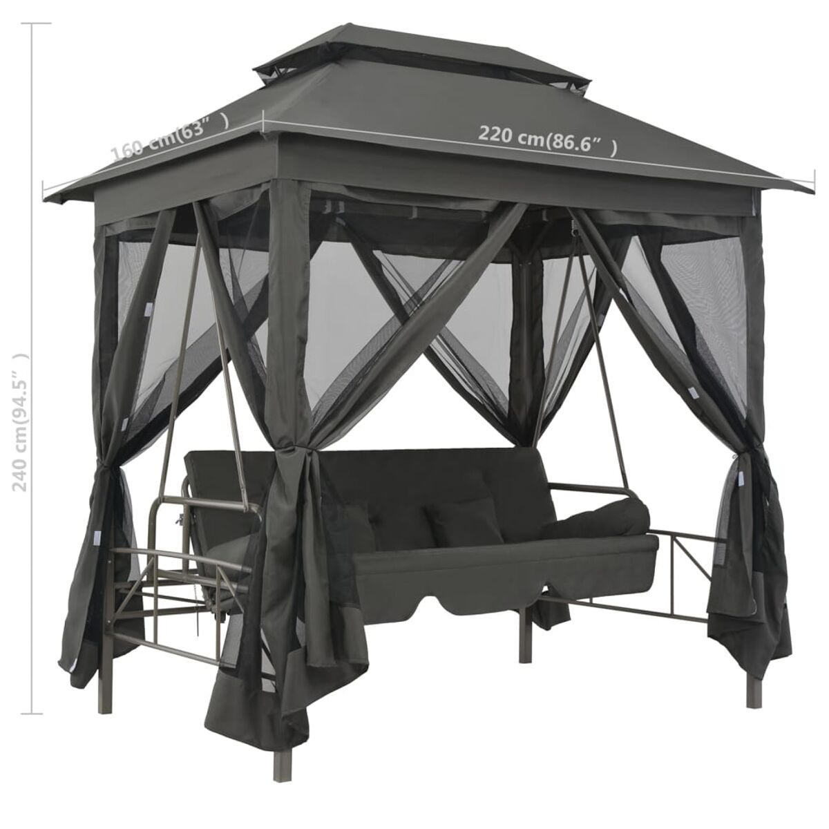 Dunkelgrauer Pavillon mit Netz, Schaukel und Abmessungen.