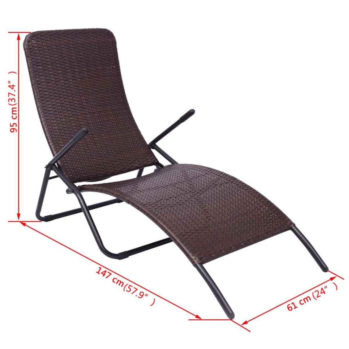 Brauner Korbliegestuhl mit angegebenen Abmessungen: 147 cm (57,9 Zoll).