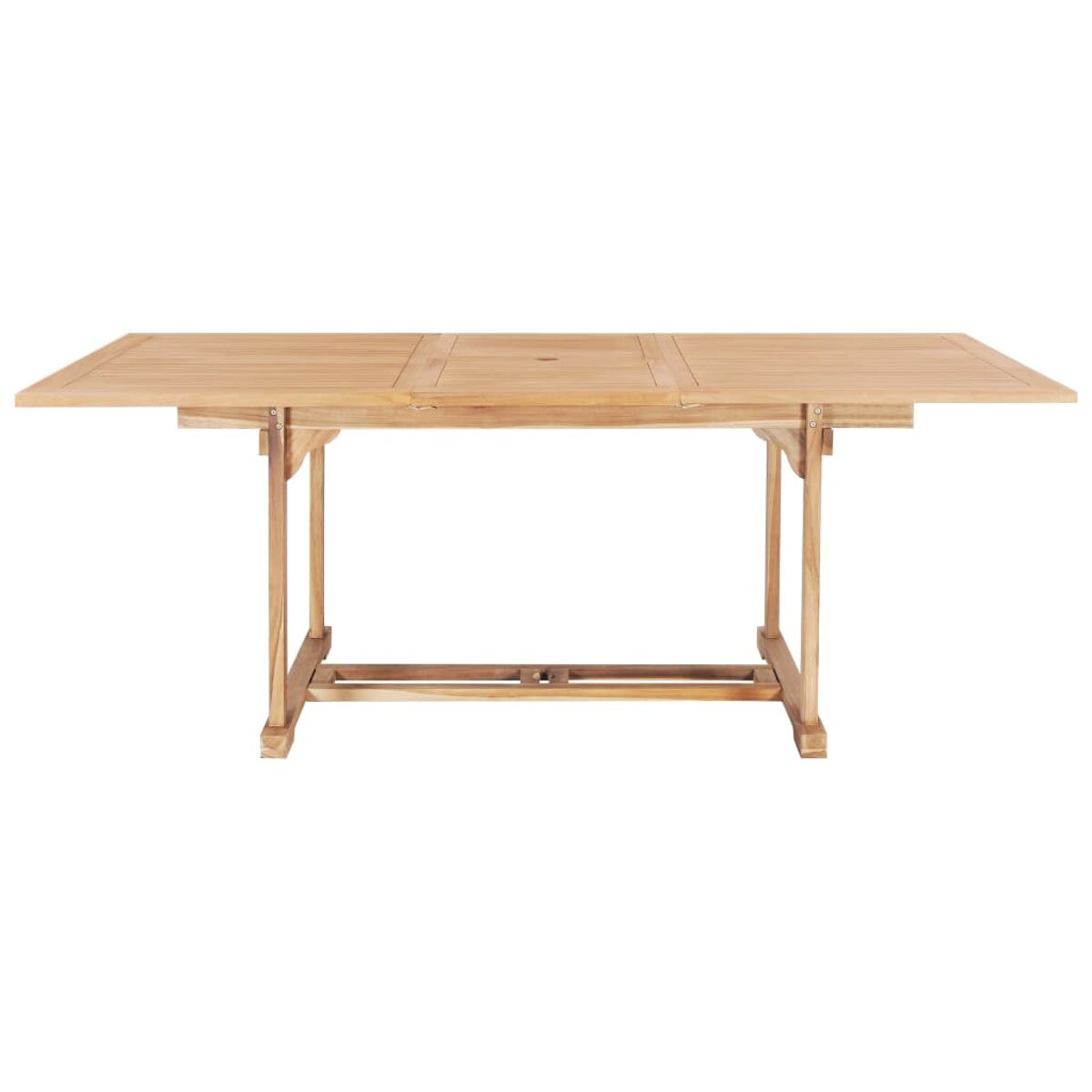 Esstisch aus Holz für den Außenbereich mit Blattausziehfunktion. Er hat eine natürliche Holzoberfläche und eine rechteckige Form.