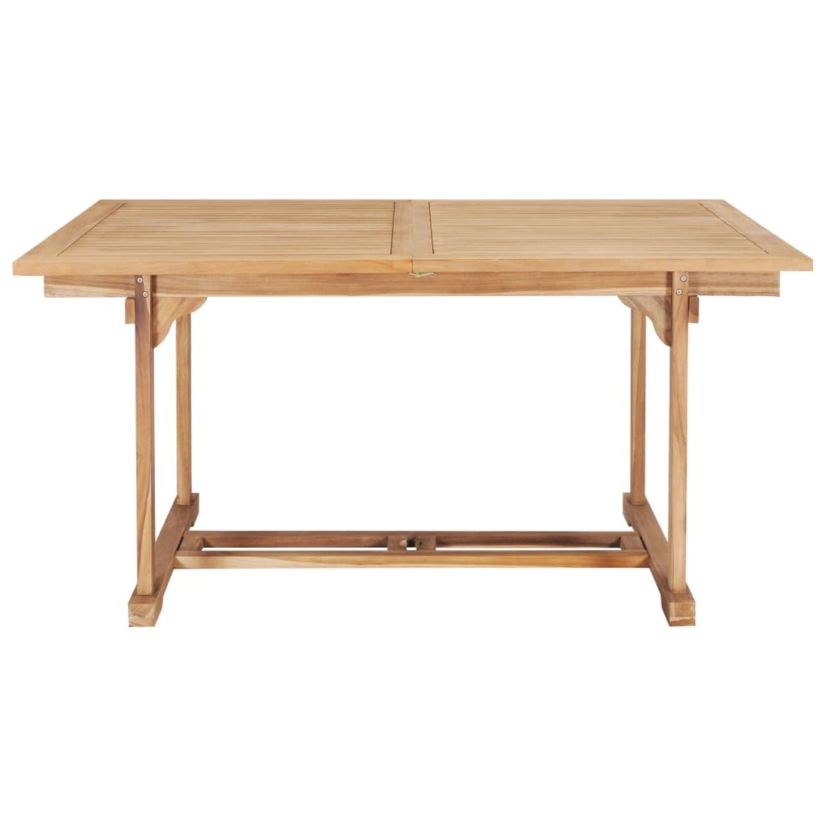 Holztisch für den Außenbereich mit Lattenrost und einfachem Untergestell, von oben gesehen.