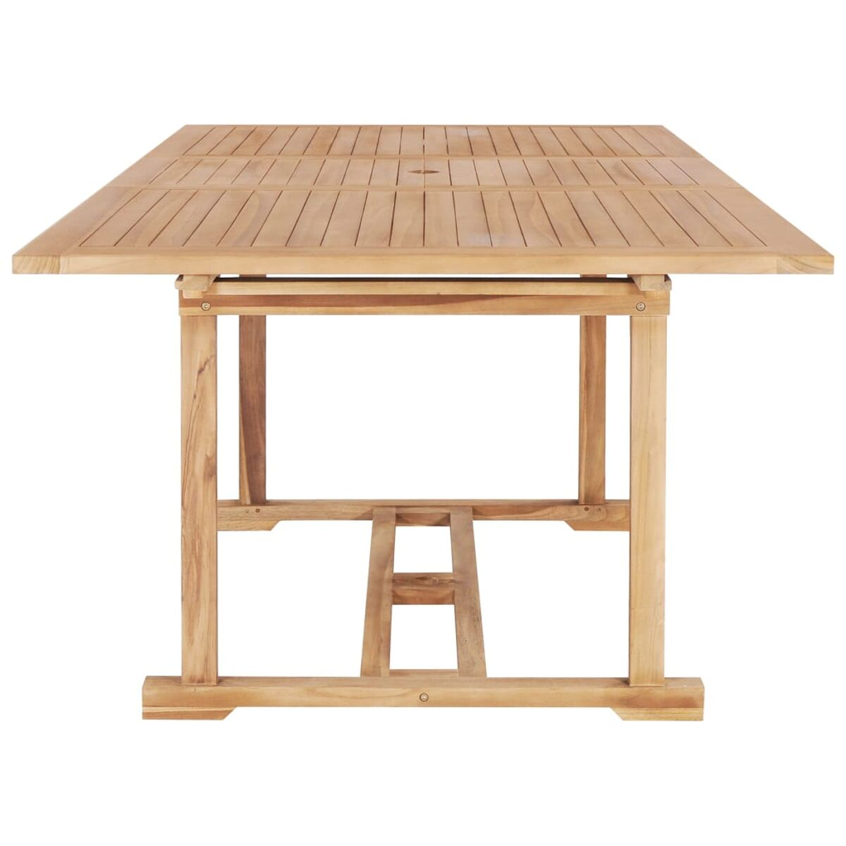 Holztisch für den Außenbereich mit Lamellenplatte. Hellbraune Farbe, rechteckige Form.