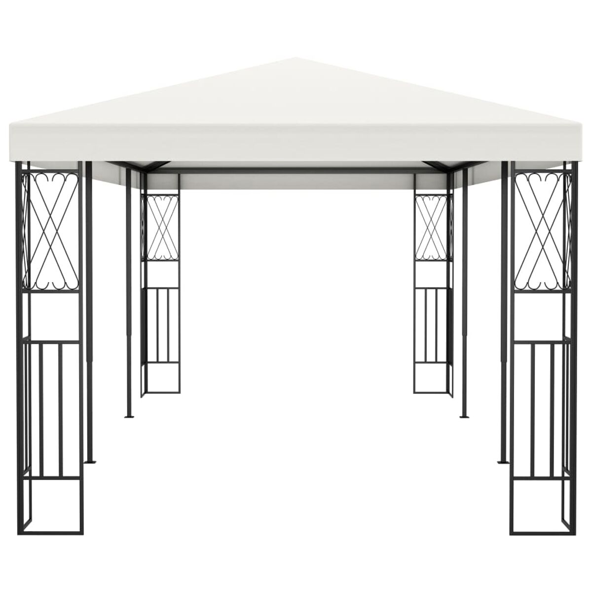 Ein weißer Pavillon mit schwarzen Stützen und weißem Dach. Offenes Design.