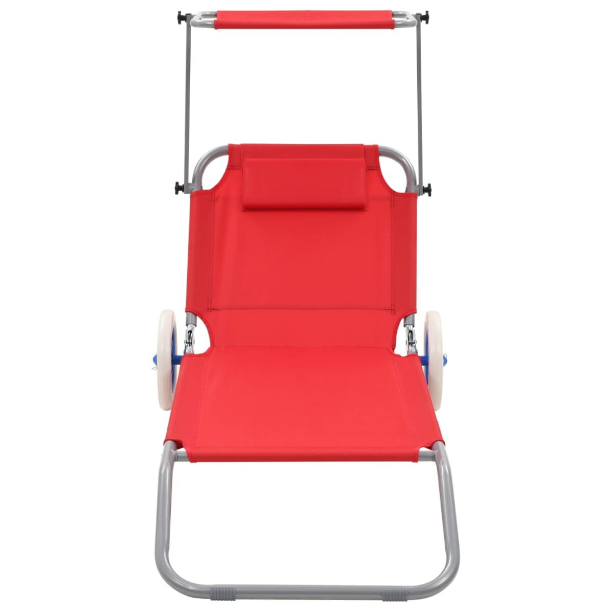 Roter Strandstuhl auf Rädern. Hat eine Kopfstütze und einen Sonnenschirm. Das Gestell ist metallisch.