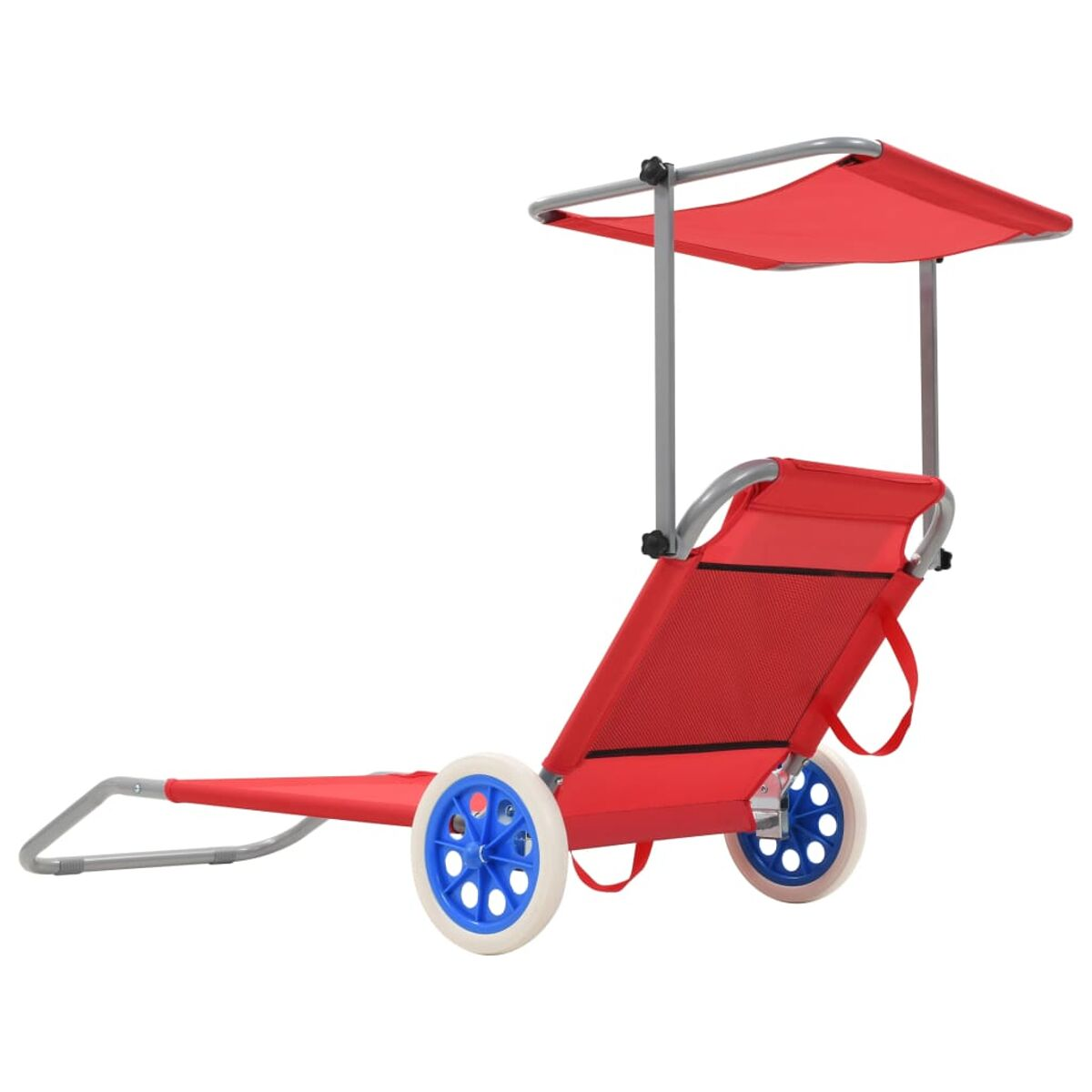 Ein roter Strandstuhl mit Baldachin und Rädern, isoliert auf weißem Grund.