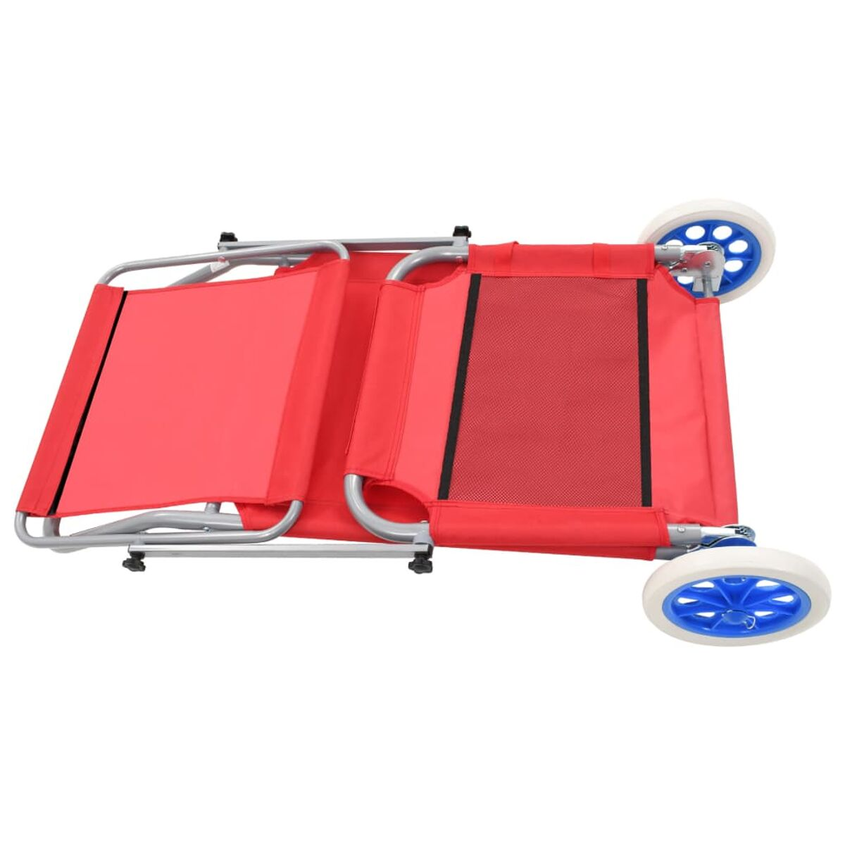 Roter Strandstuhl, zusammengeklappt und von oben gesehen. Weiße und blaue Räder.