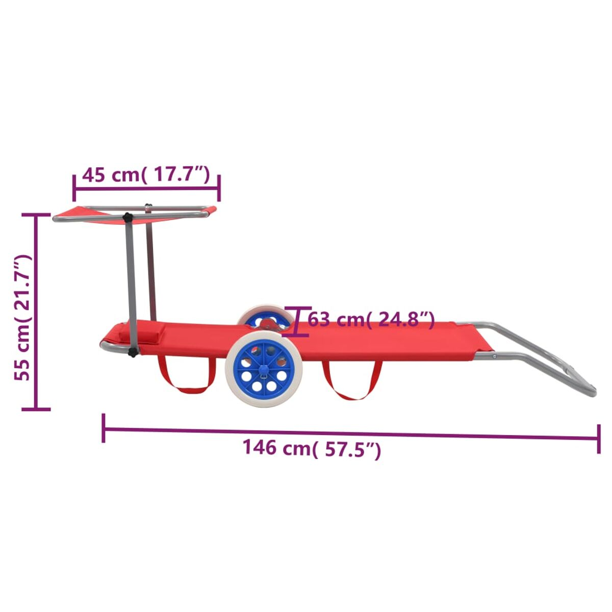 Roter Strandstuhl mit blau-weißem Rad, Maße: 146 cm lang und 55 cm hoch.