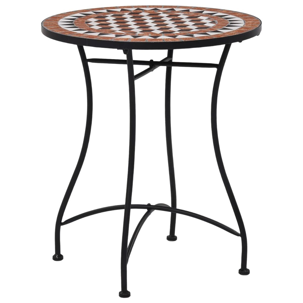 Runder Bistrotisch mit Mosaik mit schwarzem Metallrahmen. Der Tisch hat eine dekorative Oberfläche.