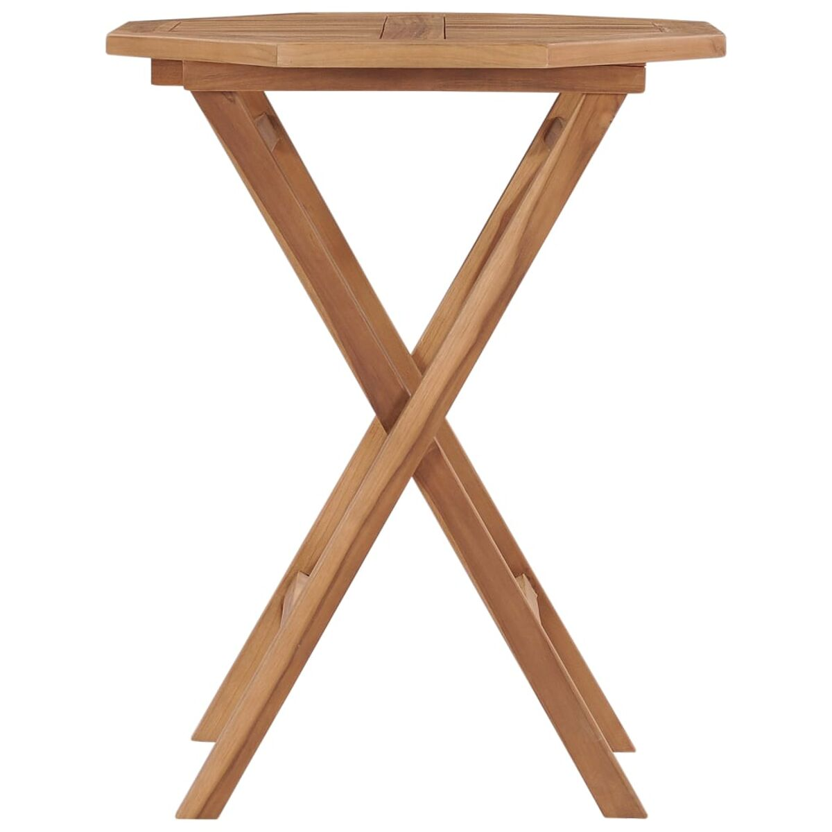 Ein kleiner Holztisch mit X-förmigem Gestell und sechseckiger Platte.