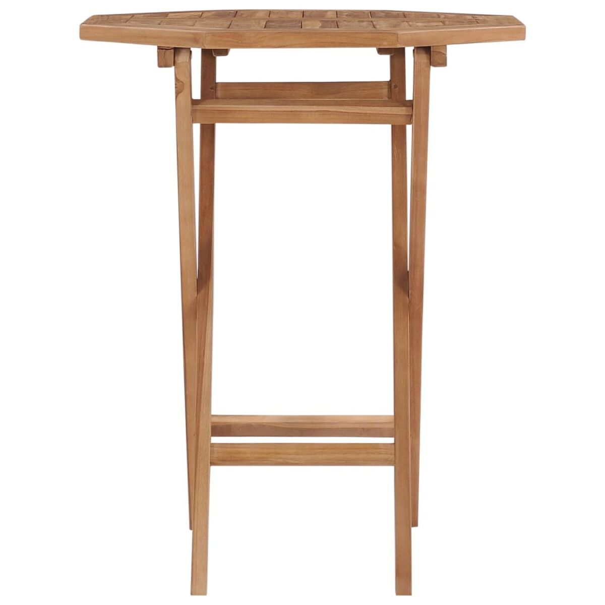 Holz-Bartisch mit sechseckiger Platte. Der Tisch hat ein einfaches Design. Weißer Hintergrund.