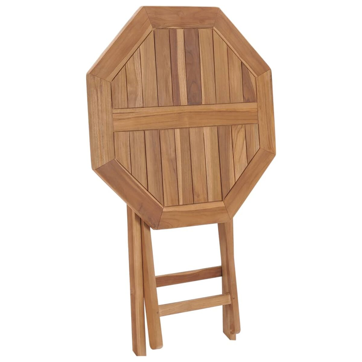 Holz-Achtkant-Klapptisch, von oben betrachtet, zeigt die Oberfläche und zusammengeklappte Beine.