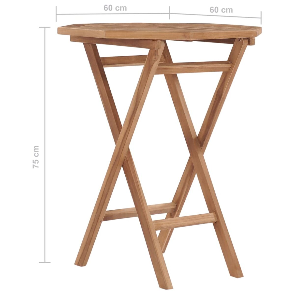 Klapptisch aus Holz, 60x60cm Platte, 75cm hoch, mit gekreuzten Beinen.