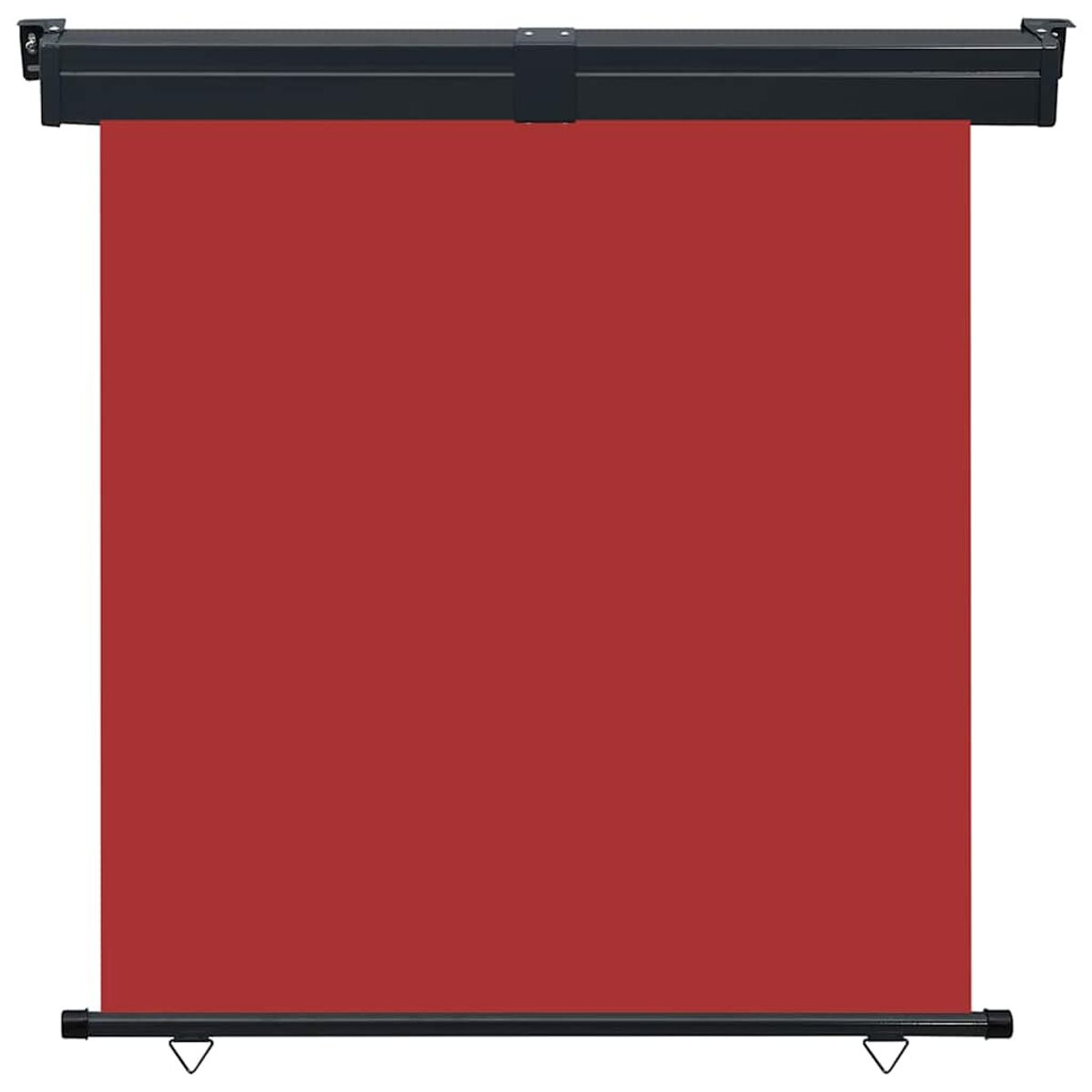 Roter, ausfahrbarer Outdoor-Bildschirm mit schwarzem Rahmen und Aufhängemechanismus.