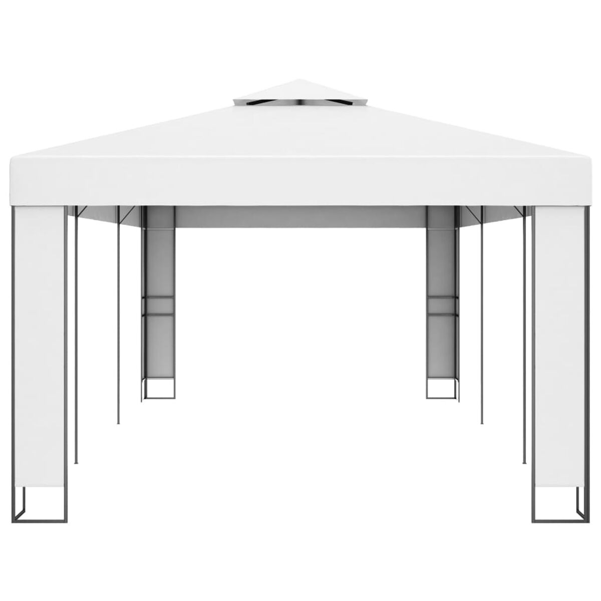 Weißer quadratischer Pavillon mit einem Spitzdach und Stützbalken.