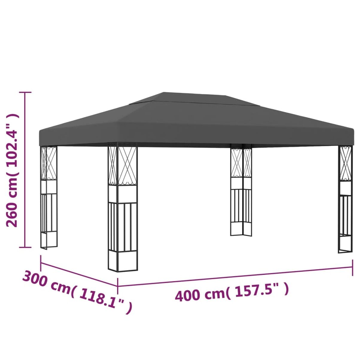 Ein grauer Pavillon mit angegebenen Abmessungen. Er ist 260 cm hoch, 300 cm x 400 cm groß. Gestützt von Säulen.