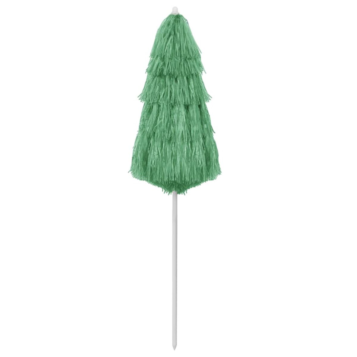 Grüner Papier-Regenschirm mit weißem Stiel. Der Schirm hat ein geschichtetes, gefranstes Aussehen.