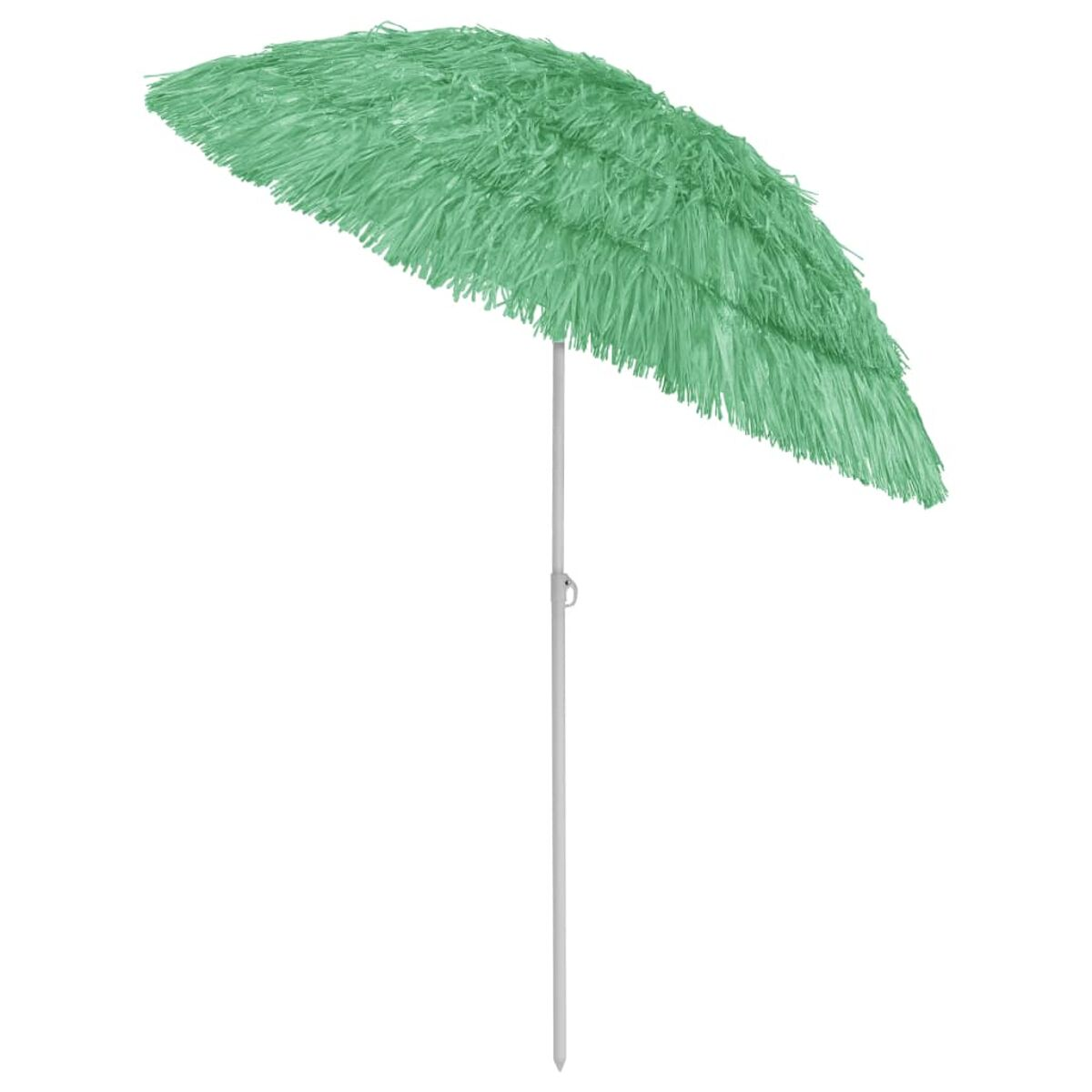 Grüner Fransen-Sonnenschirm. Weißer Mast auf weißem Hintergrund.