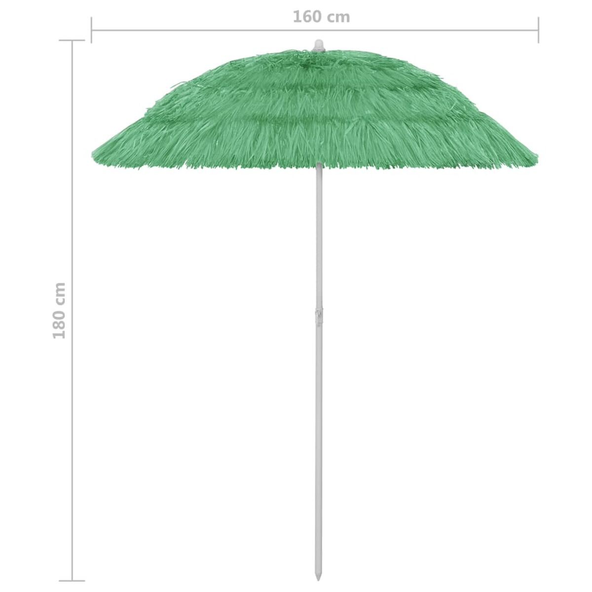 Ein grüner Sonnenschirm mit weißem Pfahl. Er ist offen und hat einen Fransenrand.