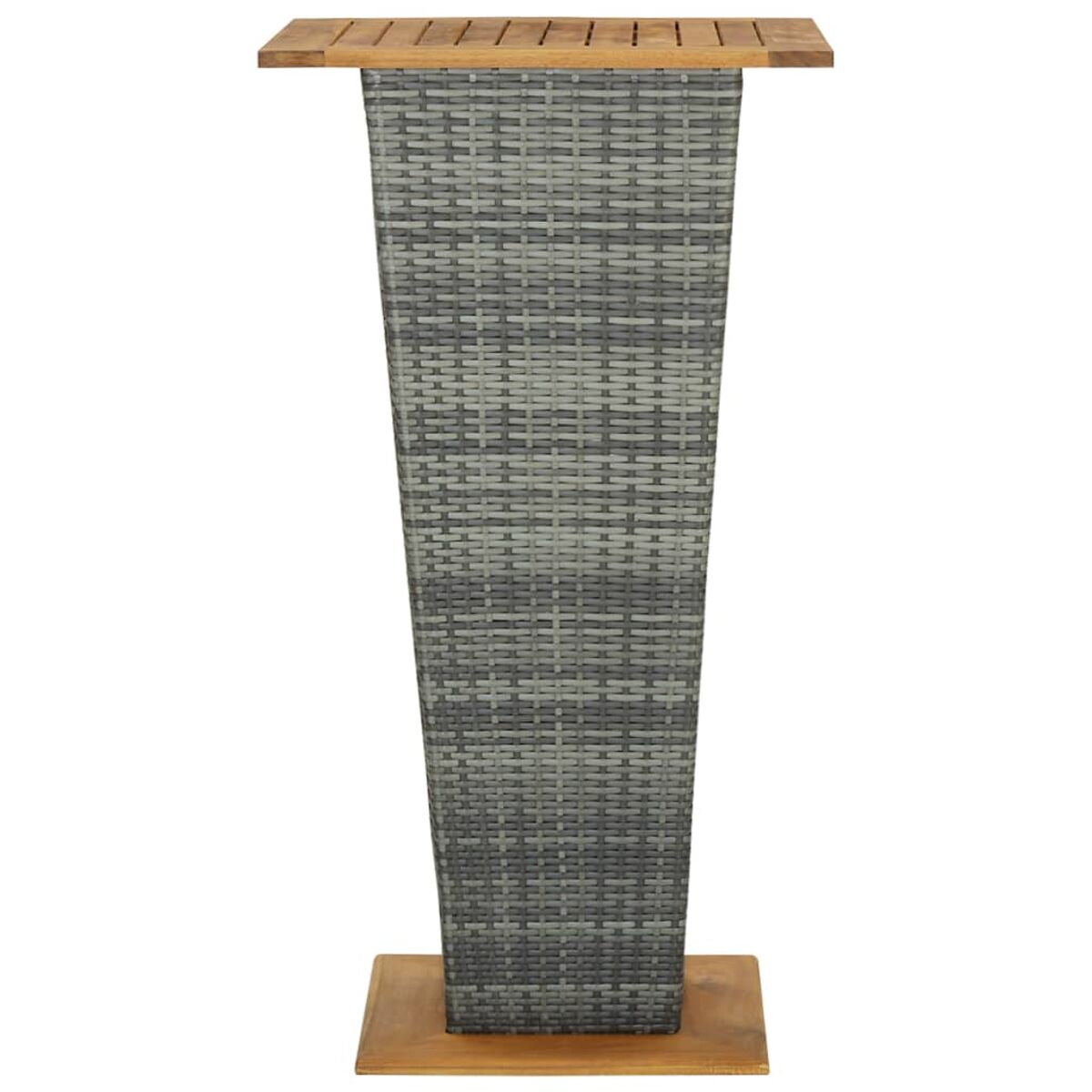 Ein hoher, grauer Rattan-Bartisch mit einer Holzplatte und -basis.
