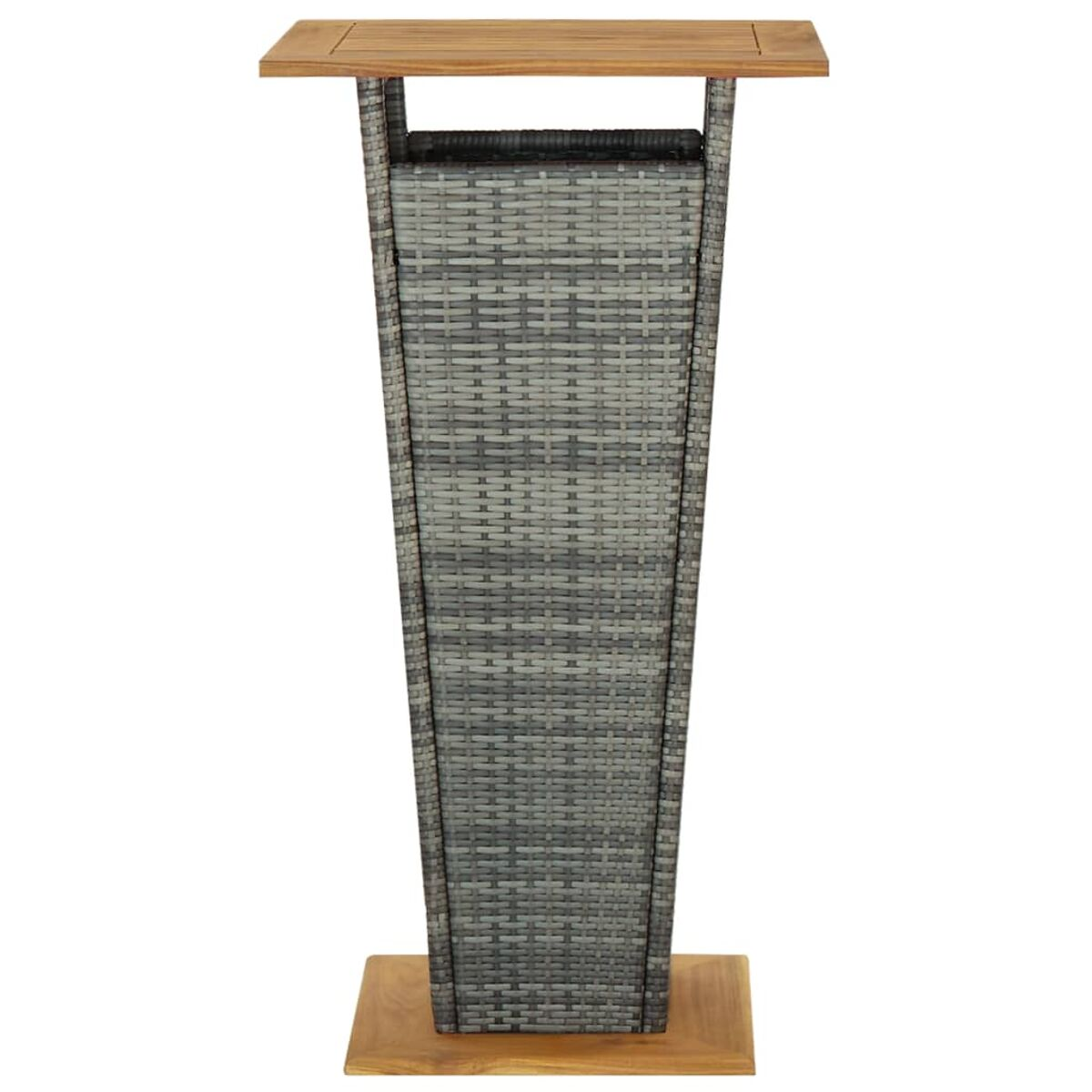 Hoher Bartisch mit grauem Korbgeflecht-Körper und Ober- und Unterseite aus Holz.