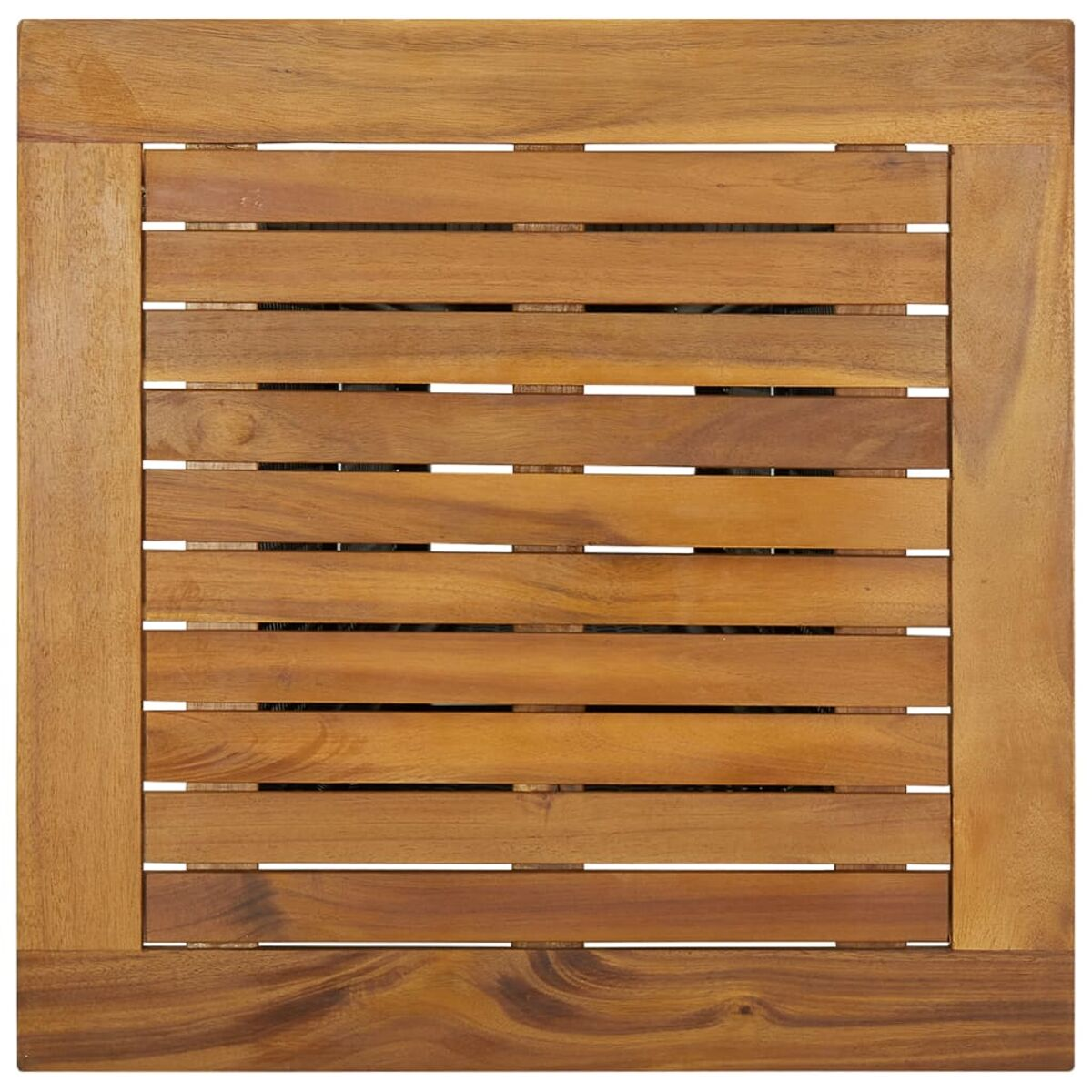 Draufsicht auf einen quadratischen Holztisch mit Holzlatten.