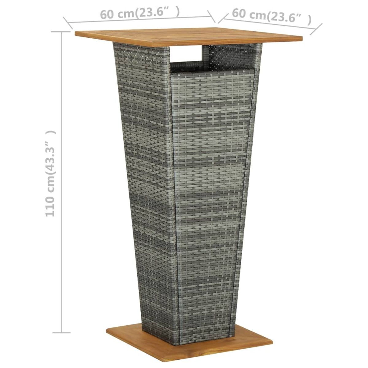 Hoher grauer Bartisch aus Weide mit Holzplatte. Maße im Bild.