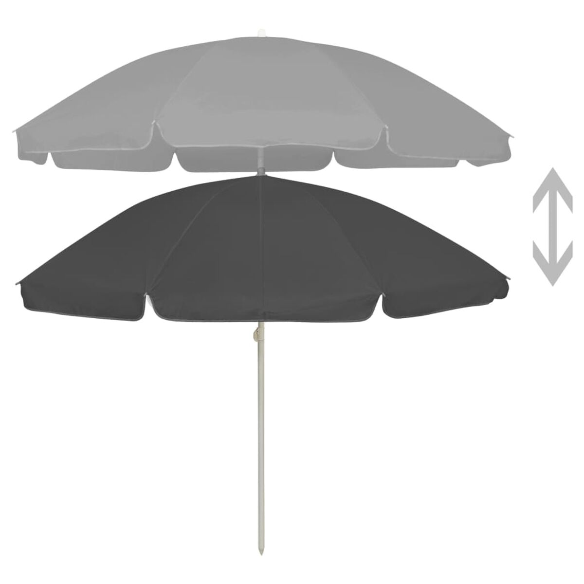 Ein schwarzer Regenschirm mit weißem Stiel. Ein zweiter grauer Schirm zeigt die Einstellung.
