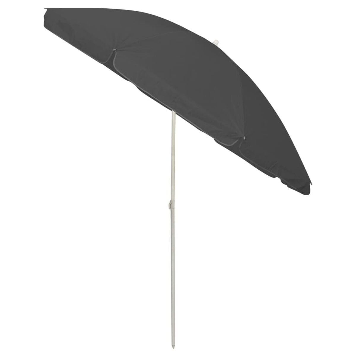 Ein dunkelgrauer offener Regenschirm mit weißem Mast vor weißem Hintergrund.
