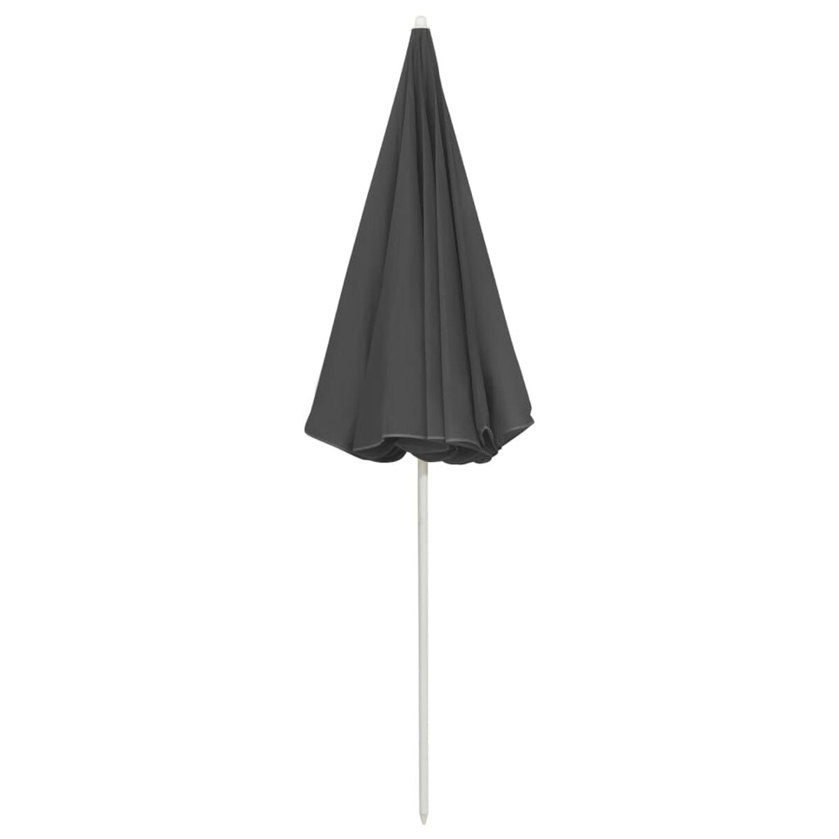 Ein dunkelgrauer Sonnenschirm mit weißem Mast. Der Schirm ist geschlossen und steht aufrecht.