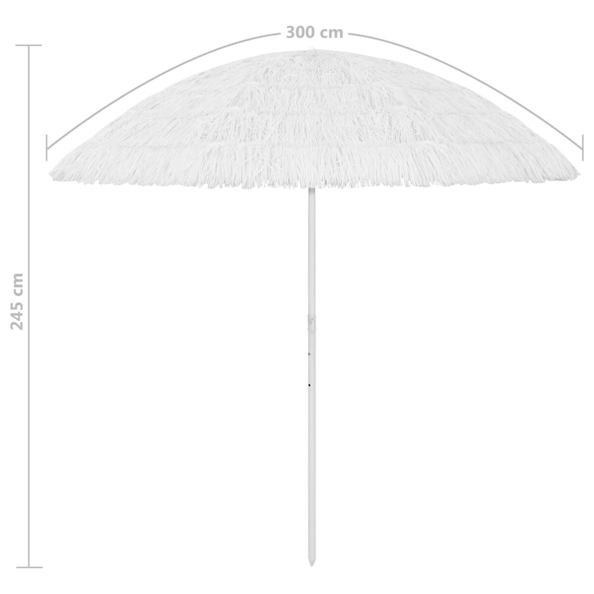 Ein weißer Sonnenschirm mit Fransen. Abmessungen: Höhe 245 cm, Durchmesser 300 cm.