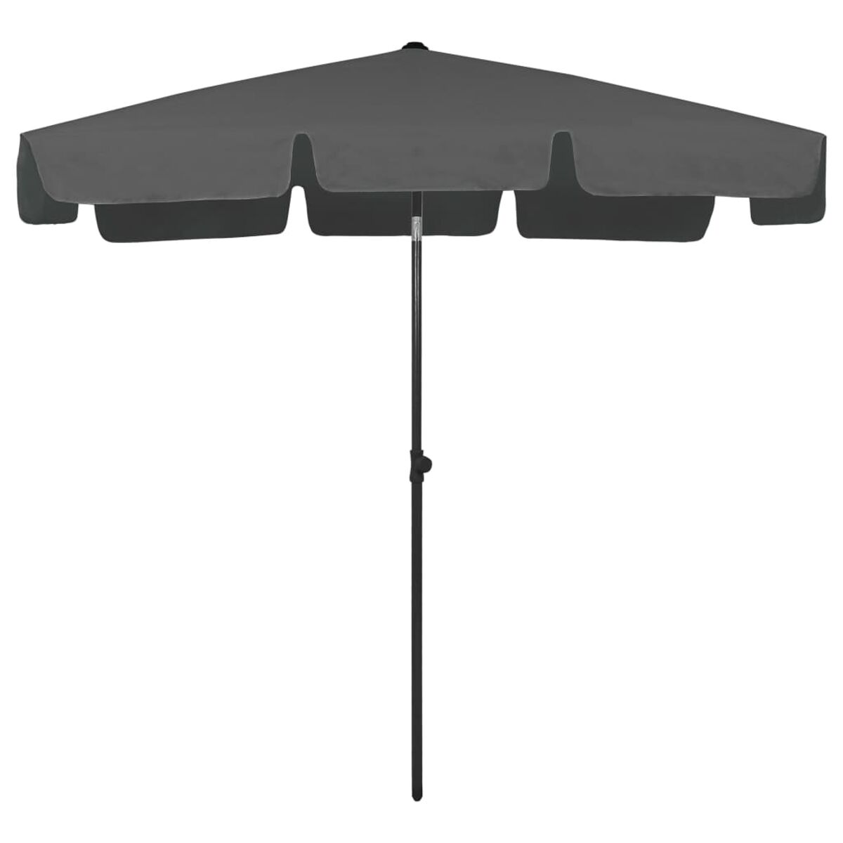 Grauer Schirm mit quadratischem Oberteil, einfachem Design und dunklem Mast.