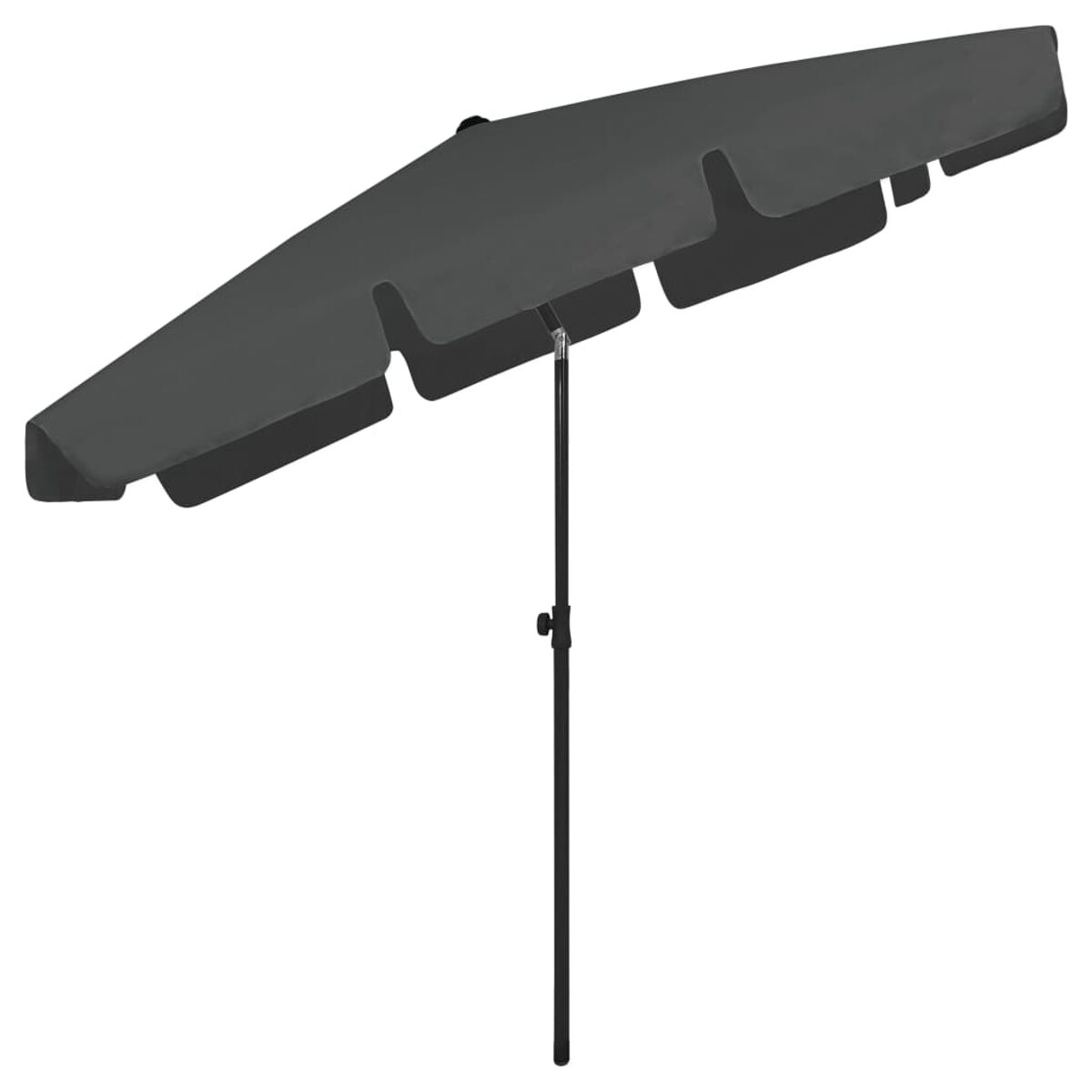 Ein dunkelgrauer rechteckiger Sonnenschirm ist geöffnet und geneigt. Er hat eine schwarze Stange.