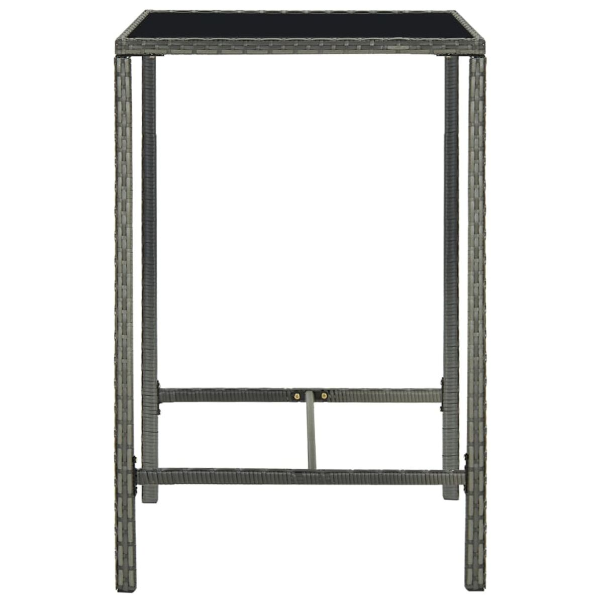 Ein hoher grauer Outdoor-Bartisch mit schwarzer Oberseite. Der Rahmen besteht aus geflochtenem Korb.