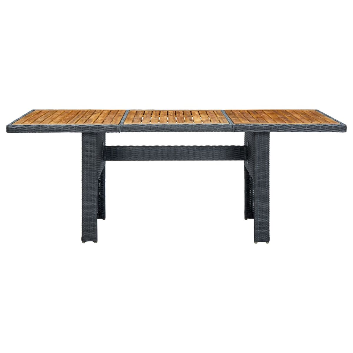 Holztisch mit dunklem Rahmen. Die Tischplatte besteht aus Holzlatten. Der Tisch steht auf weißem Hintergrund.