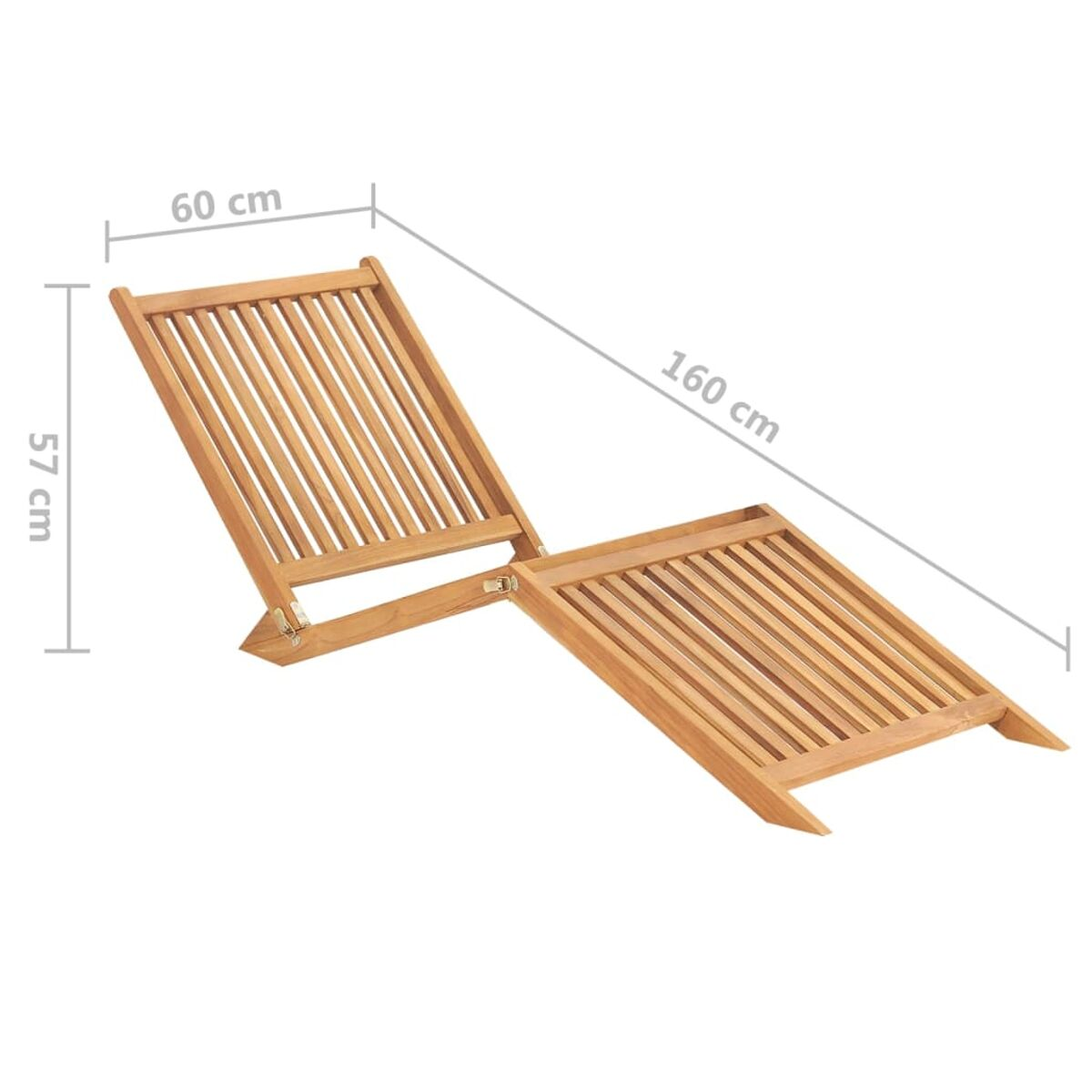 Ein hölzerner Liegestuhl ist abgewinkelt. Abmessungen: 160 cm lang, 60 cm breit, 57 cm hoch.