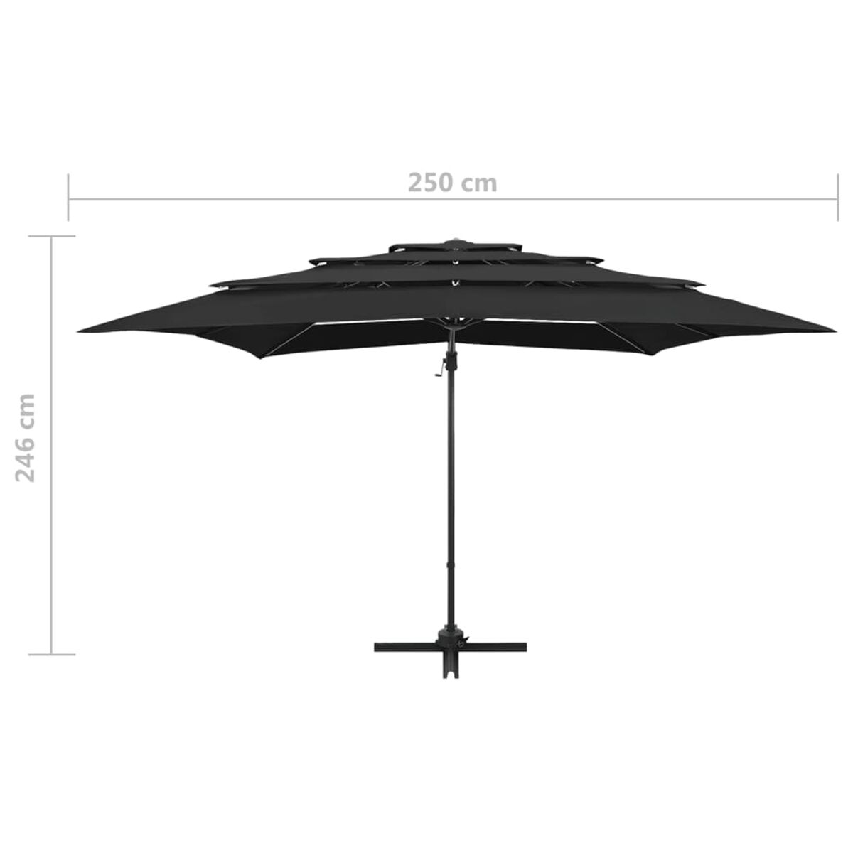 Schwarzer Sonnenschirm mit drei Etagen, schwarzer Ständer. Weißer Hintergrund. Abmessungen sind 250cm x 246cm.