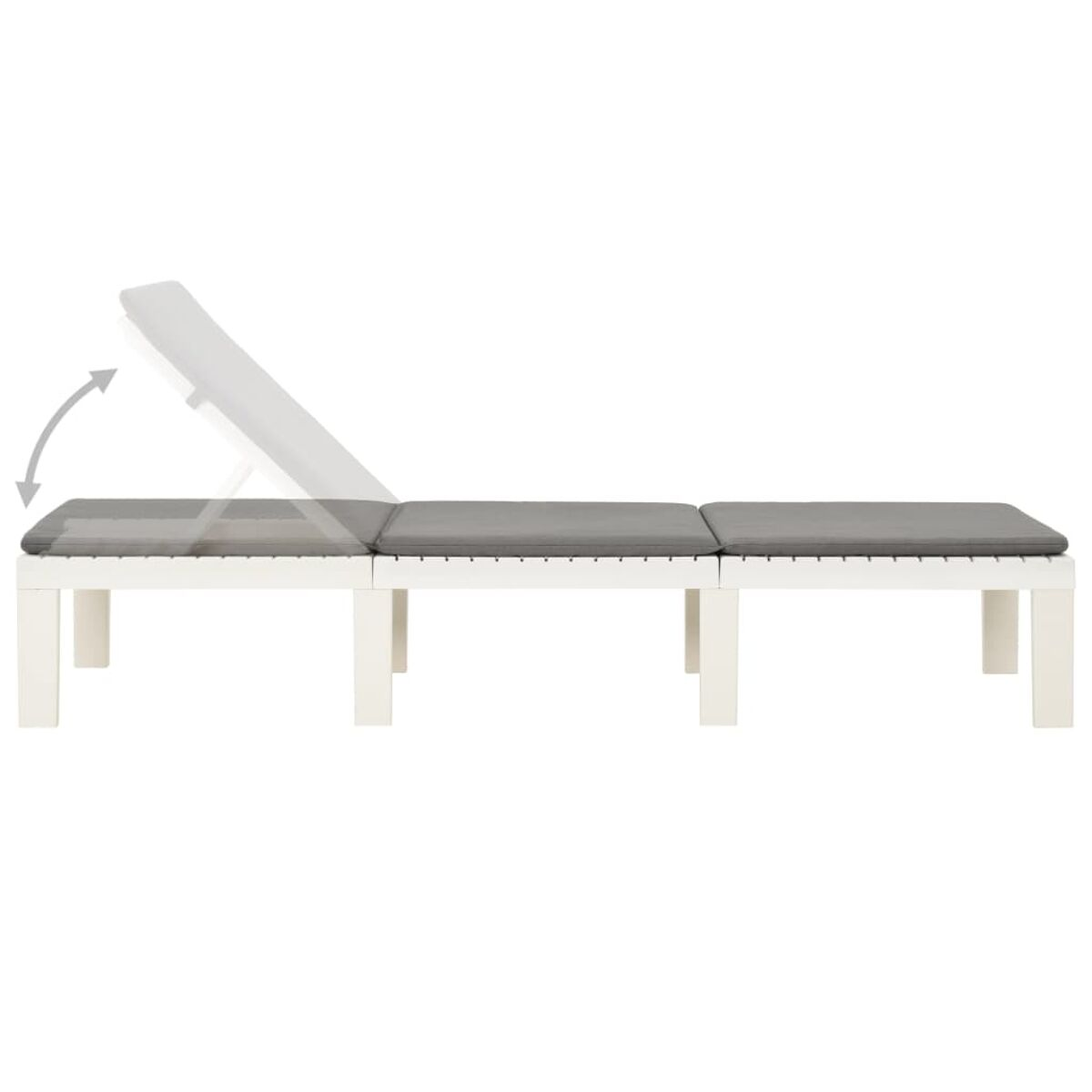 Ein weißer Outdoor-Loungesessel mit grauen Kissen, ein Teil ist angewinkelt.