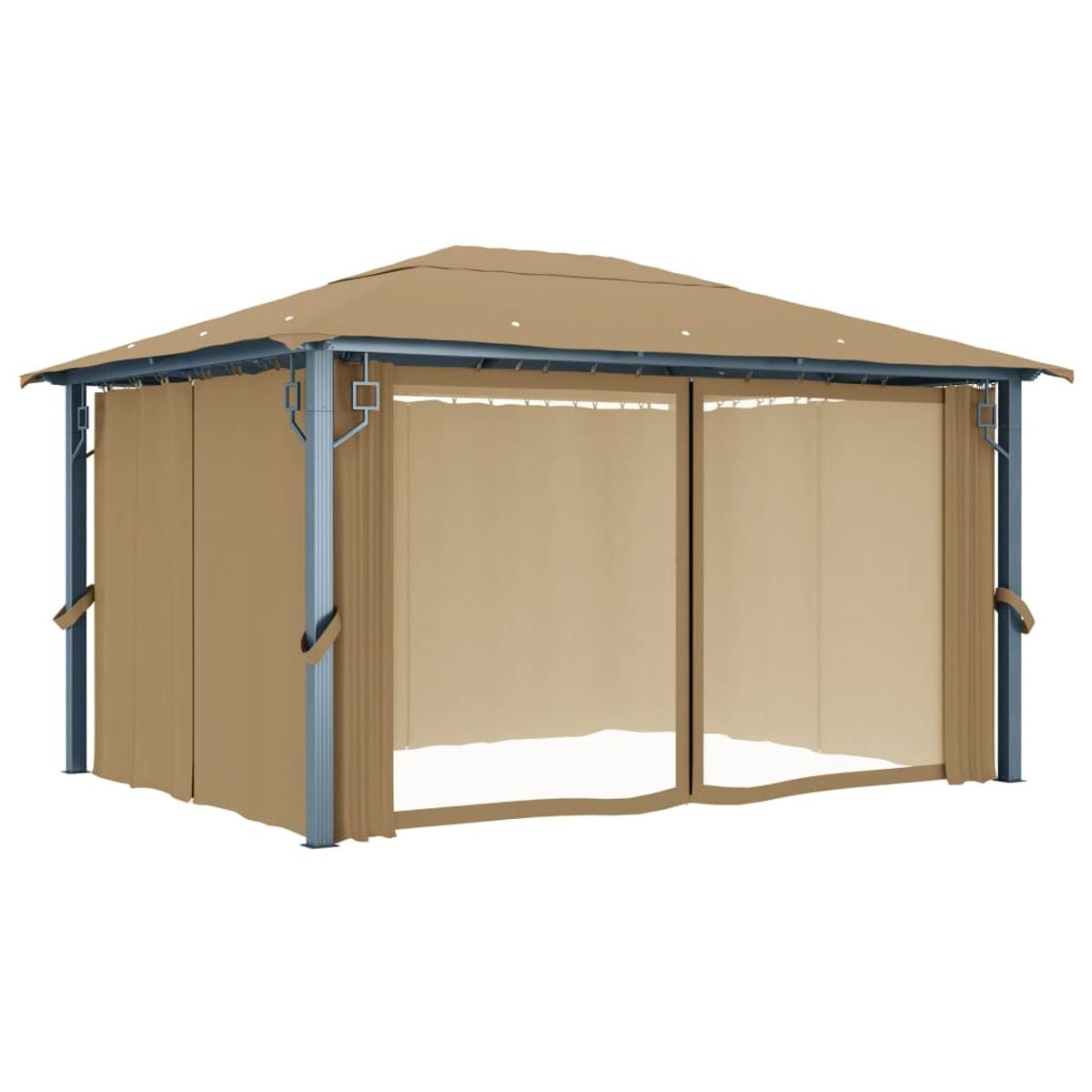 Ein beigefarbener Pavillon mit Vorhängen, vor weißem Hintergrund.