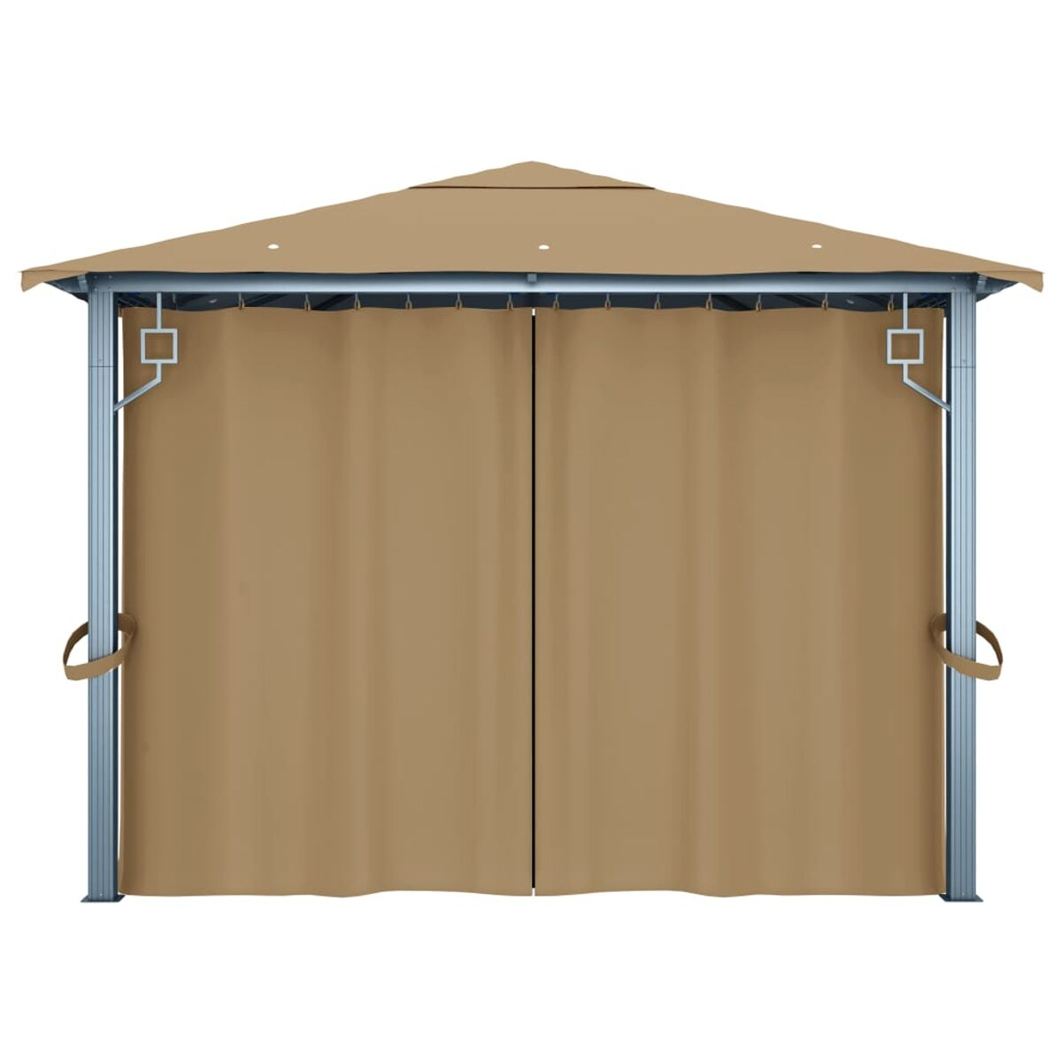 Ein brauner Pavillon mit beigefarbenen Vorhängen, Metallrahmen und Dach.